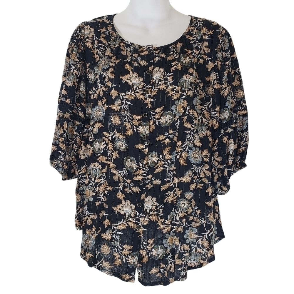 ☀ Knox Rose Floral Print Flounce 3/4 Sleeve Top